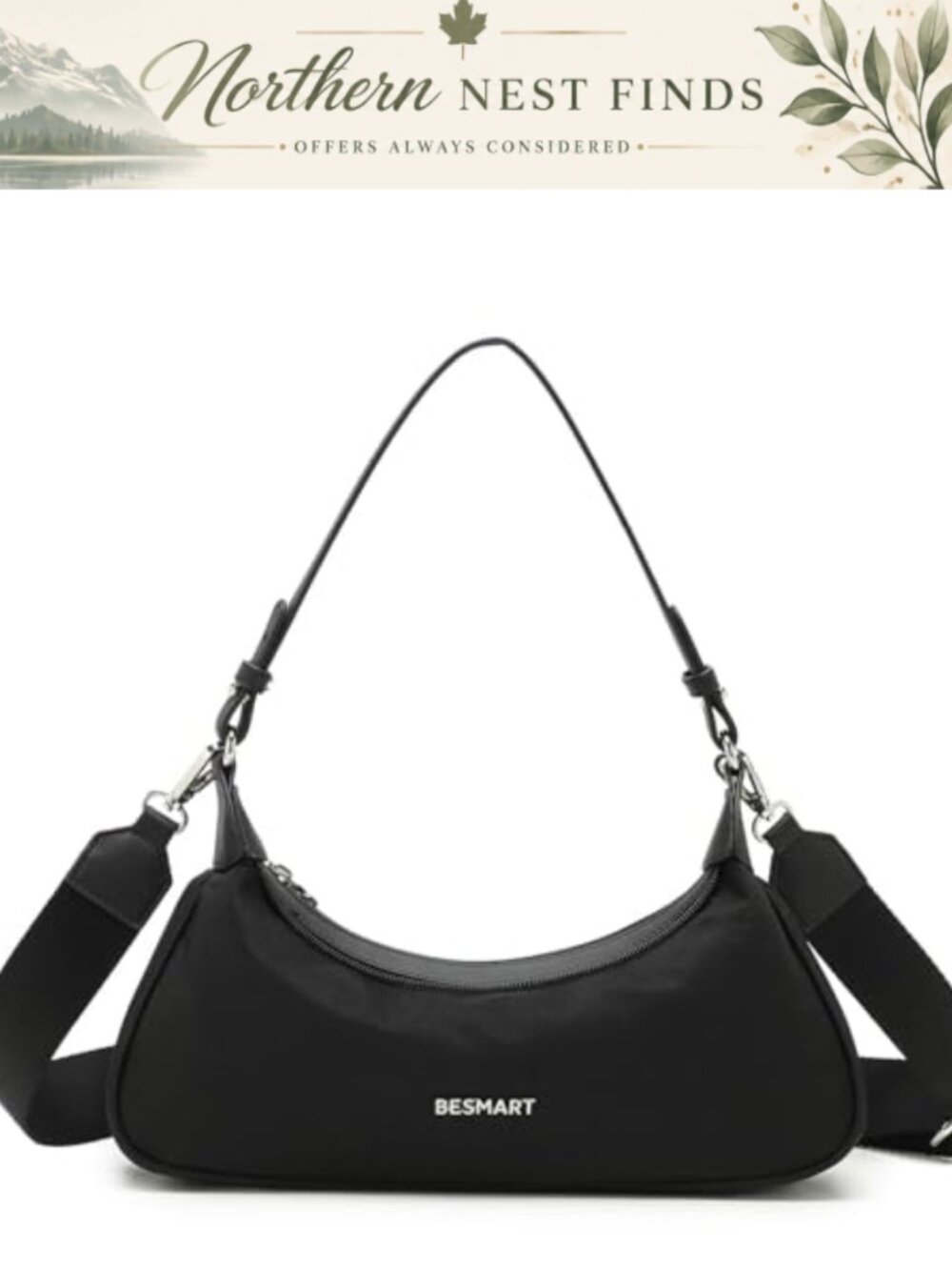 Nylon Crossbody Crescent Bag Lightweight Top Handle Purse Removable Strap